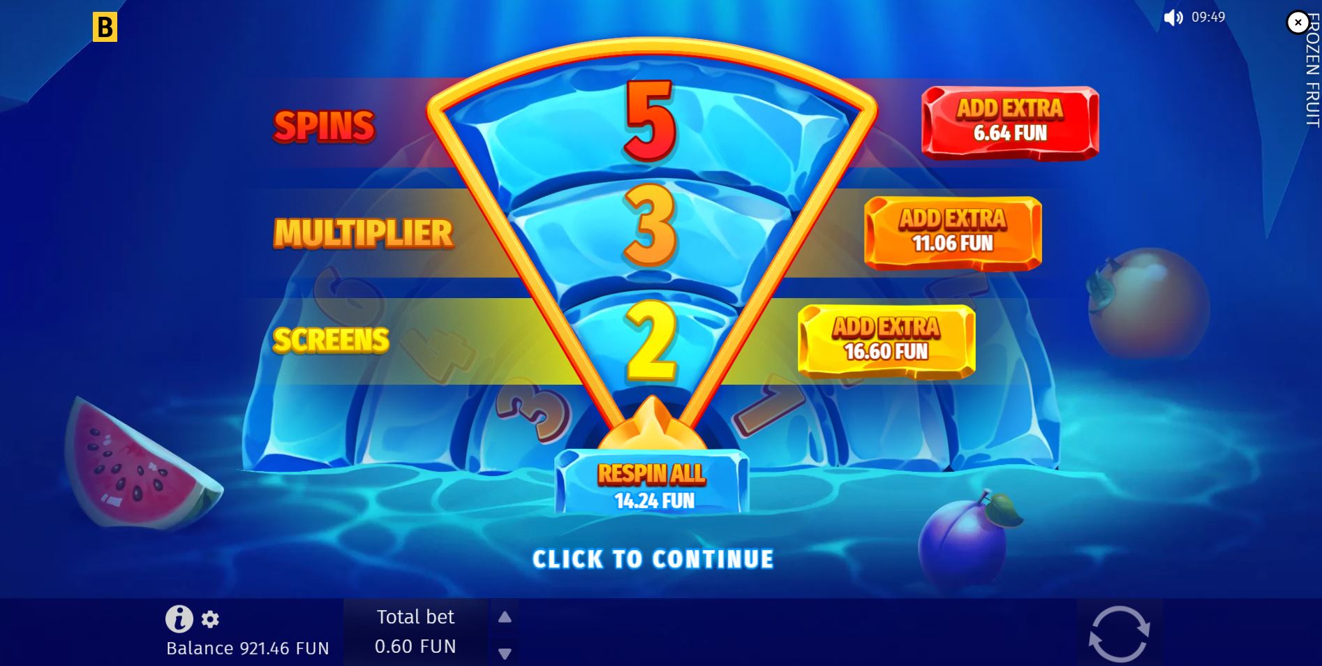 The Pre-Bonus wheel screen in Frozen Fruit, displaying the initial randomized values for spins, multiplier, and screens.
