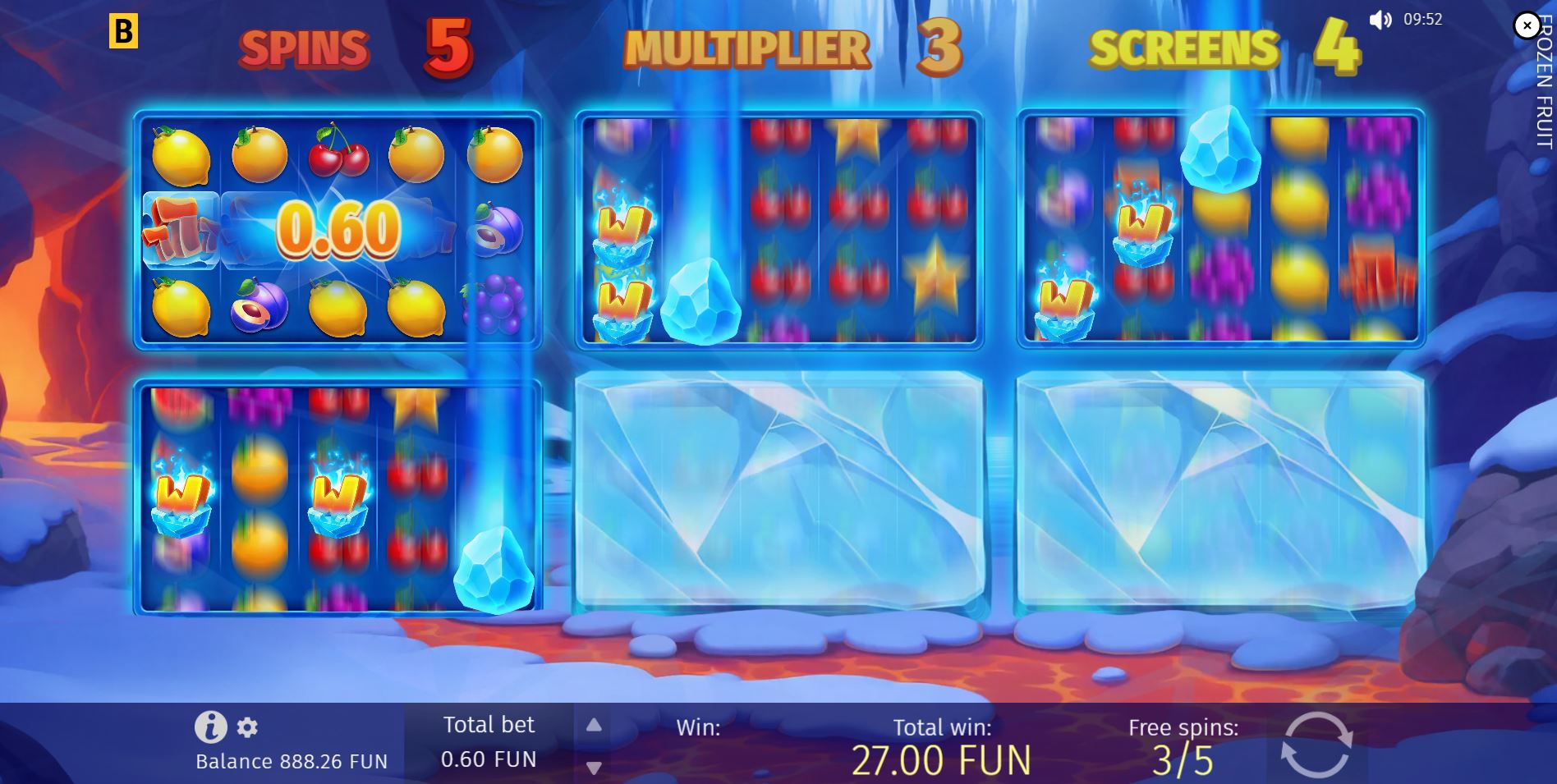 The Wild Rain feature activating during the Frozen Fruit bonus game, with ice shards containing Wilds falling onto the reels.