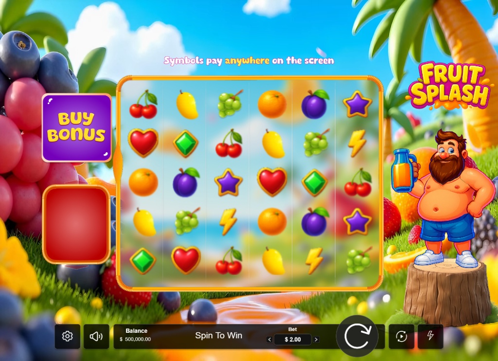 The 6x5 base game grid of Fruit Splash slot, showing the 'pay anywhere' symbols and Bob the mascot.