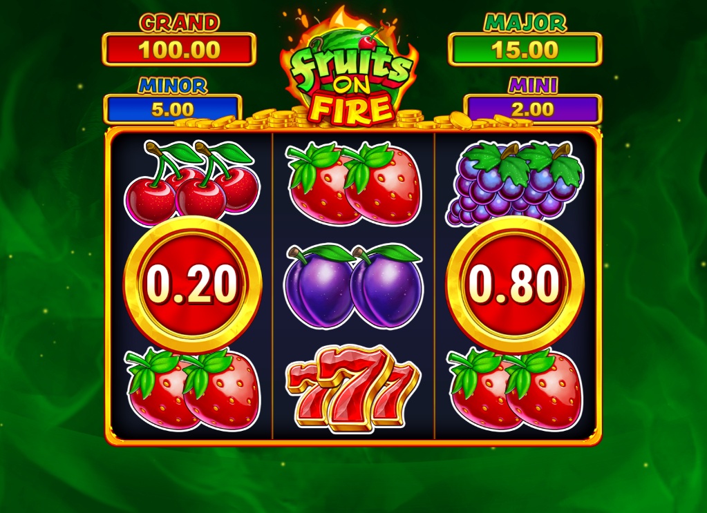 Fruits on Fire slot base game 3x3 grid with cherry and grape symbols