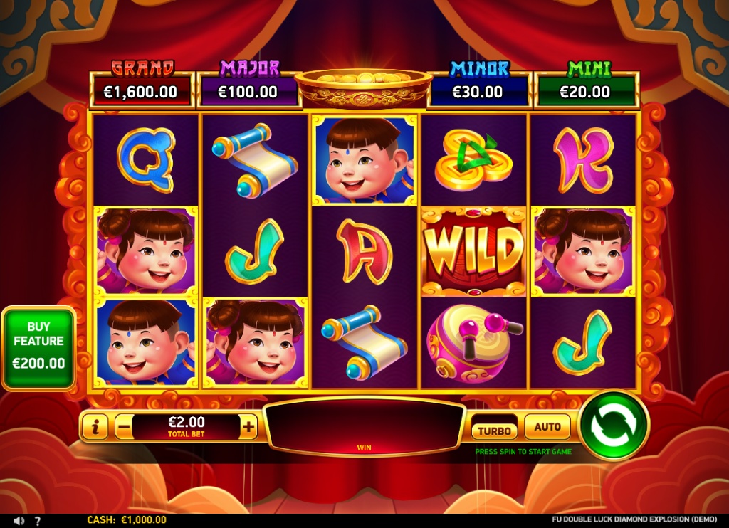 Game screen of Fu Double Luck Diamond Explosion slot, showing the 5x3 reel layout and the four fixed jackpots above.
