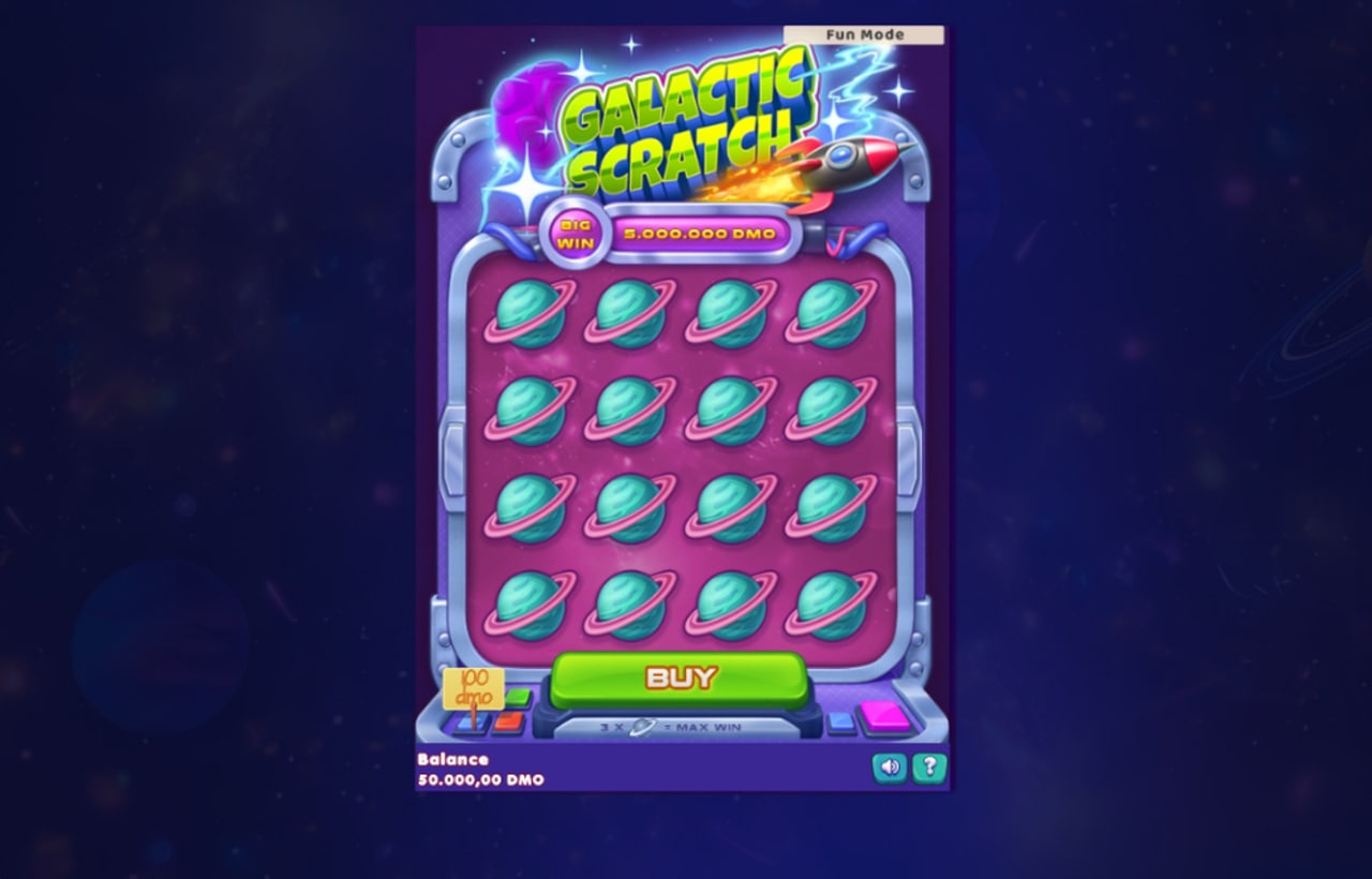 The main 5x4 grid of the Galactic Scratch game, showing 18 unrevealed planet symbols before the "Buy" button is pressed.