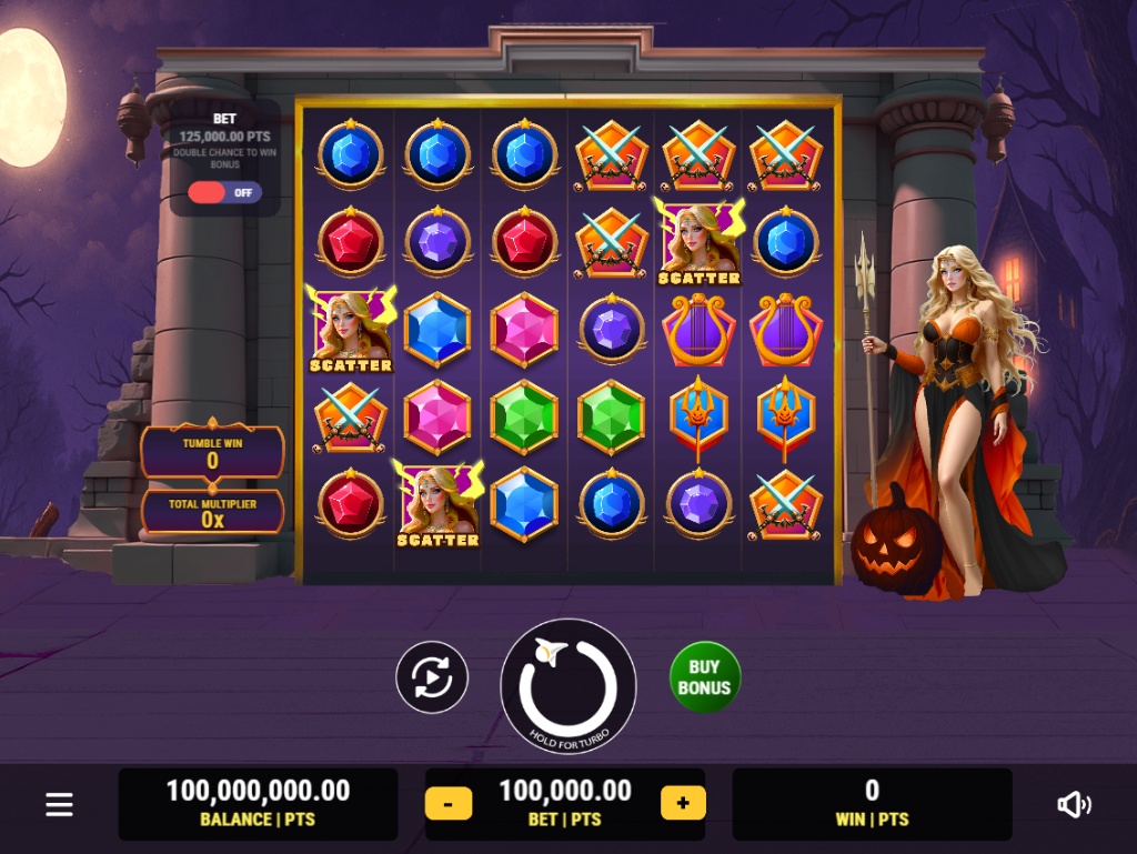 Gates of Halloween demo base game grid, showing the 6x5 reel layout and the sorceress character.