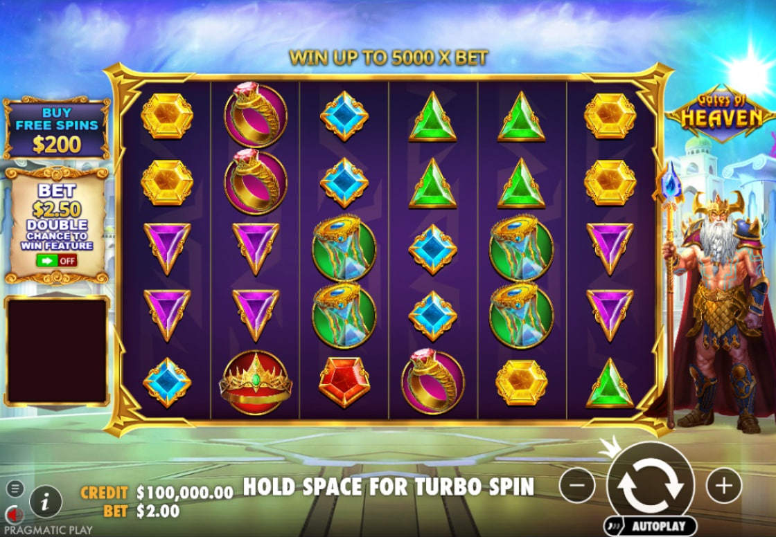 Gates of Heaven slot base game interface showing 6x5 grid and Zeus character.