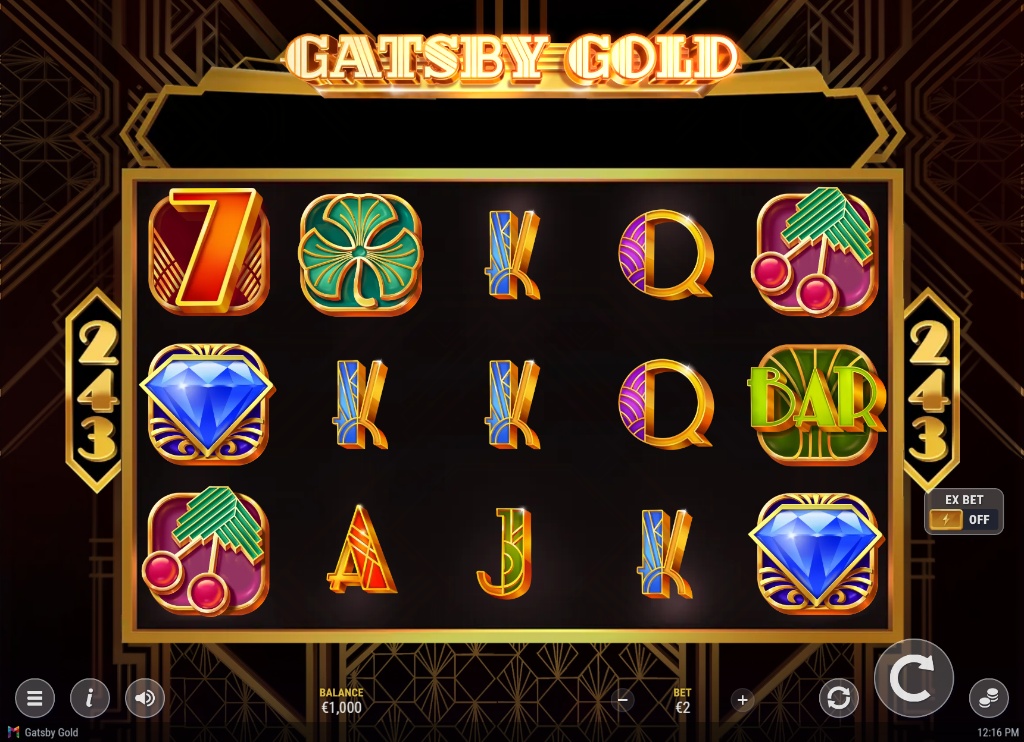 Gatsby Gold slot main 5x3 game grid with 243 ways and Art Deco symbols.