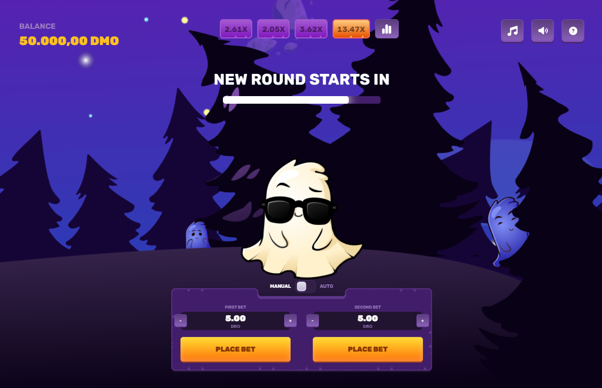 GhostX main game interface showing the cartoon ghost, dual bet controls, and countdown timer.