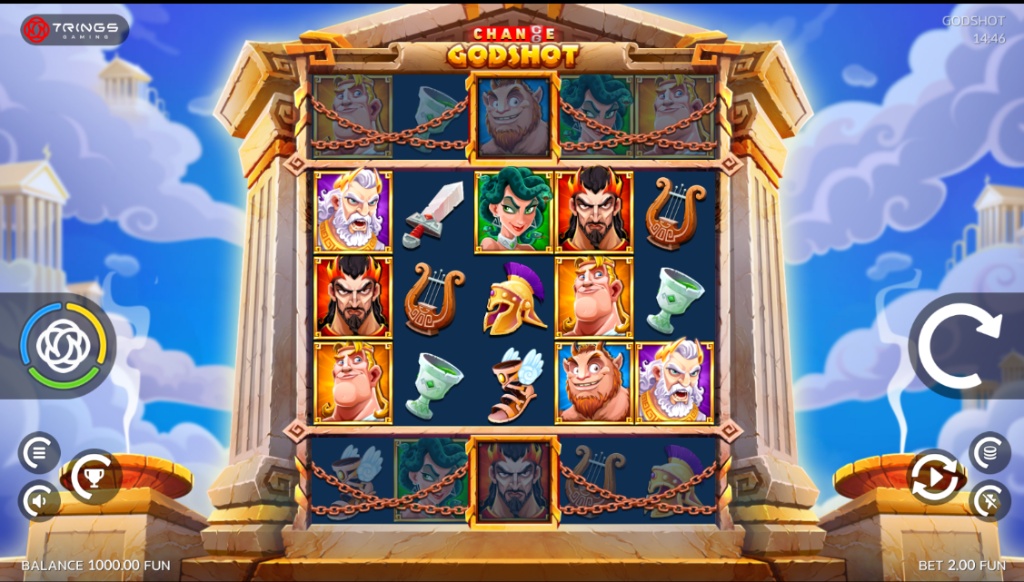 The main 5x4 game screen of the GodShot slot, showing the Greek mythology symbols and the top and bottom Additional Reels.