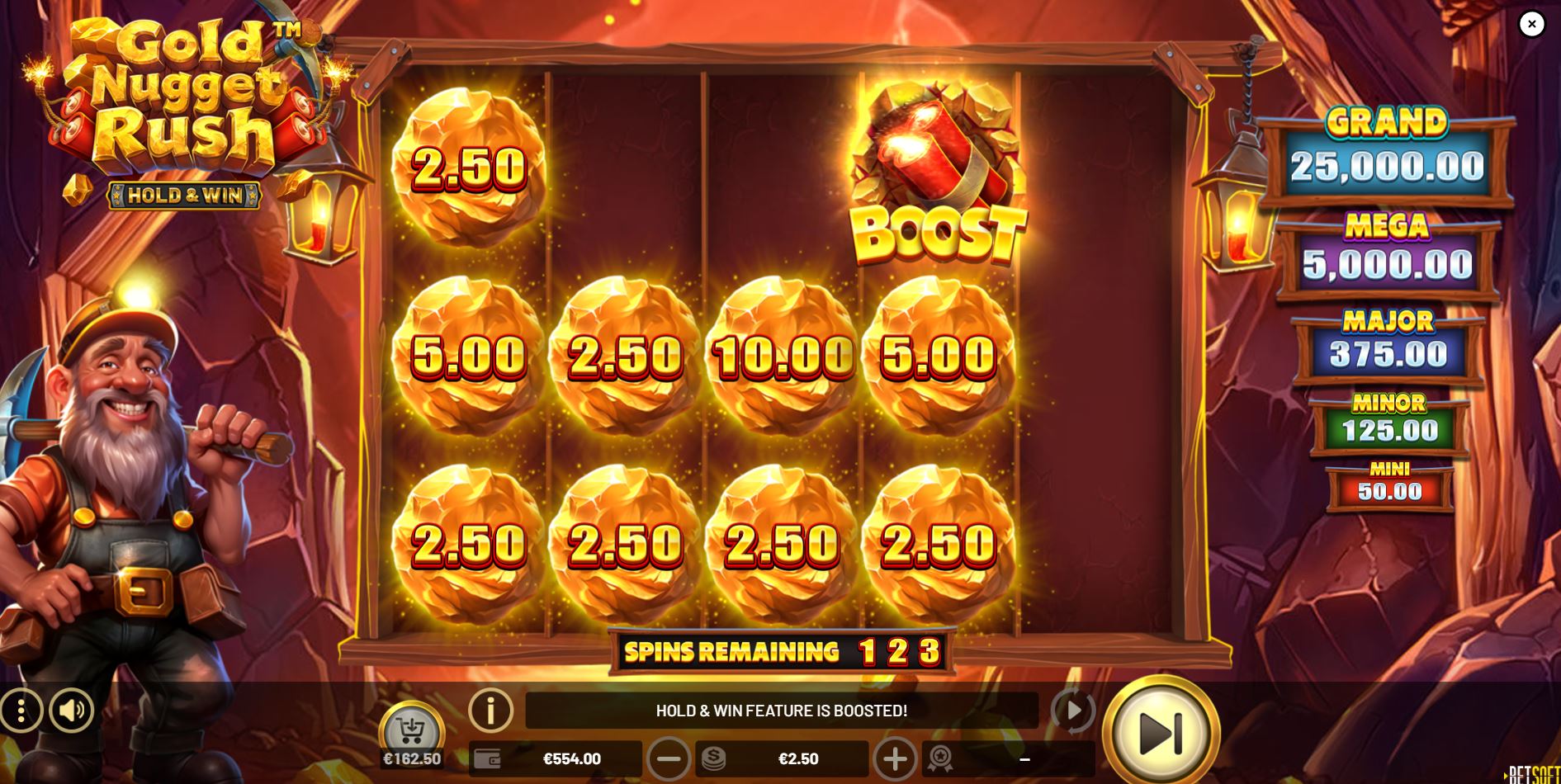 A dynamite BOOST symbol explodes during the Hold & Win feature, increasing the value of all locked nugget symbols.