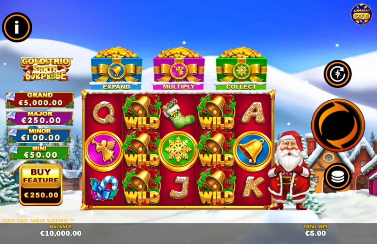 Gold Trio: Santa Surprise slot base game view with 5x4 reels and Santa
