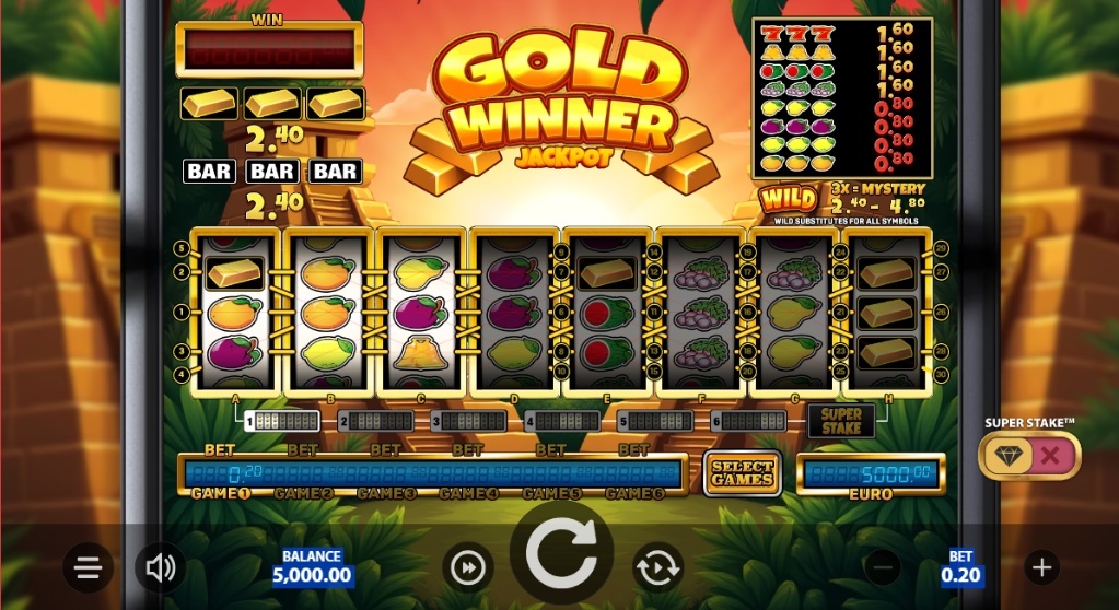 Gold Winner Jackpot slot base game view showing the 8-reel layout and fruit symbols.