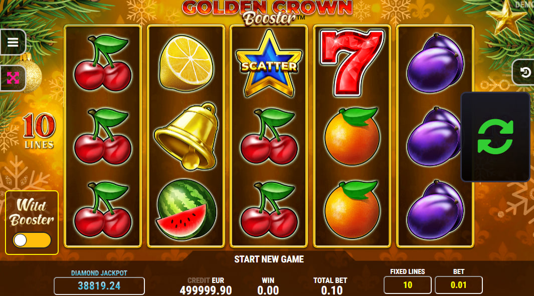 Golden Crown Christmas Booster slot base game view with 5x3 reels and classic fruit symbols.