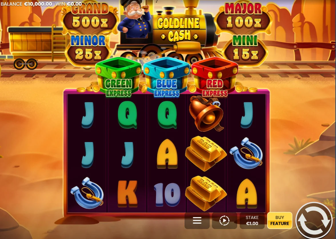 Goldline Cash slot main game screen showing a 5x3 grid with horseshoes and gold bars in a desert railway setting for player orientation.