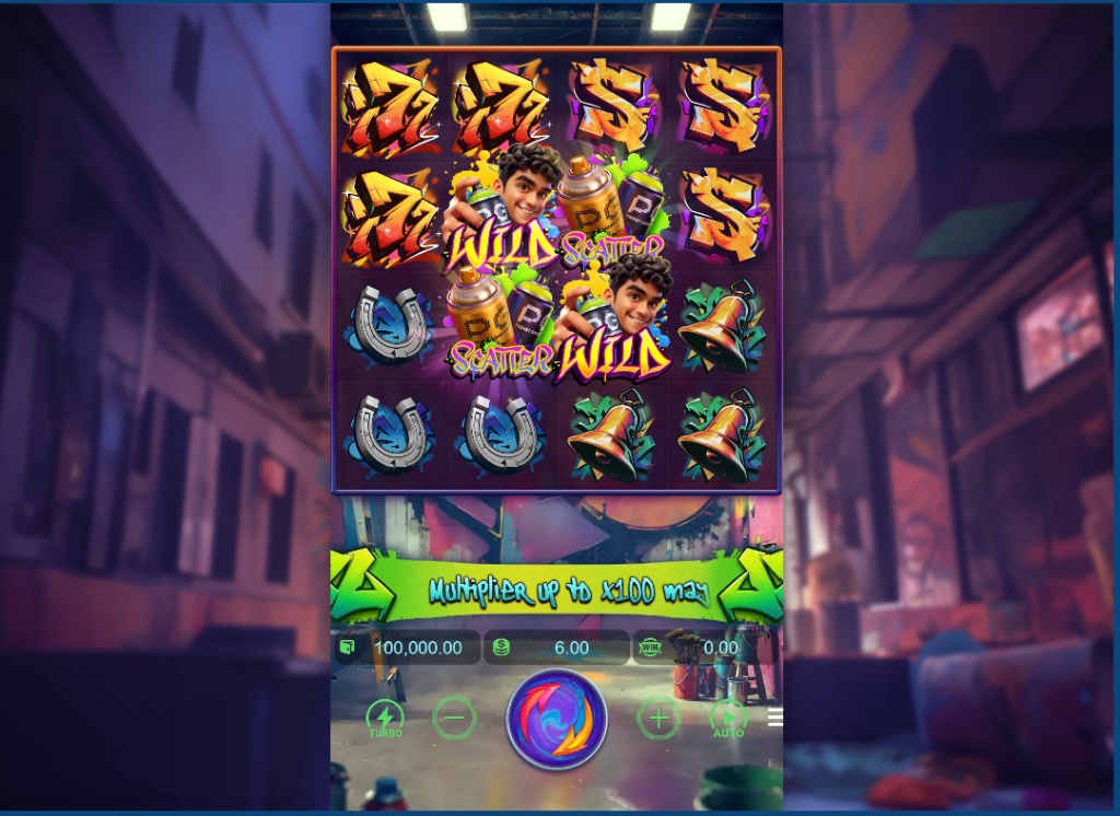 Graffiti Rush slot base game 4x4 grid with Jerry wild symbol and spray cans.
