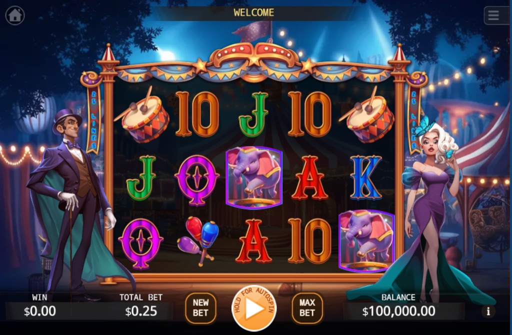 The main 5x3 game grid of the Greatest Show slot, showing the circus-themed symbols and characters.