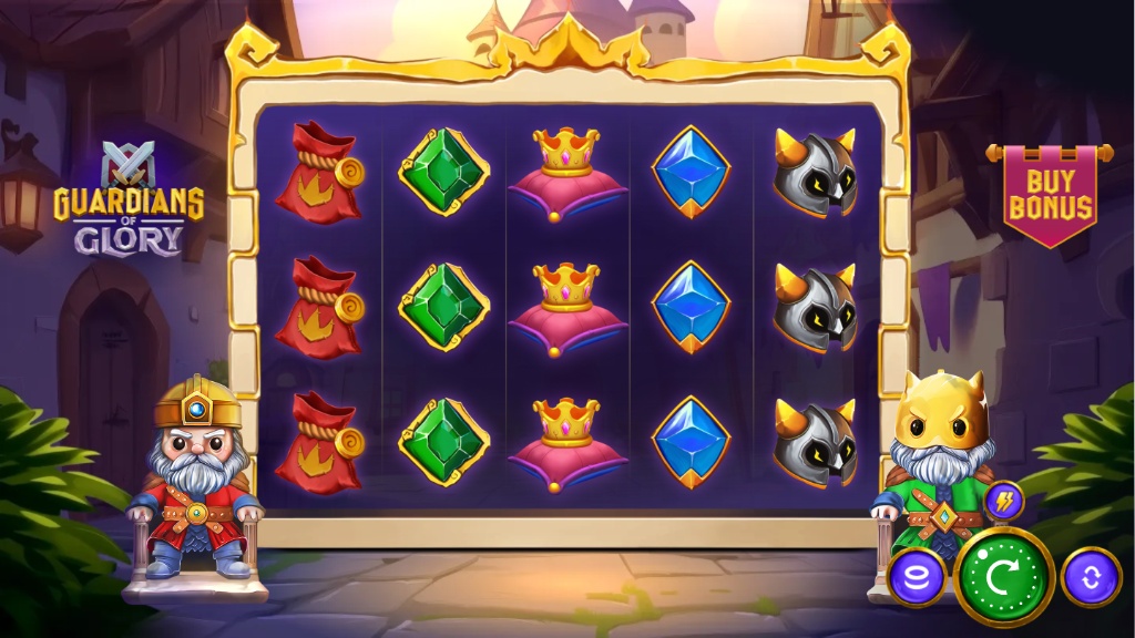 he main 5x3 game grid of the Guardians of Glory slot, showing the dwarven guardians and fantasy-themed symbols.