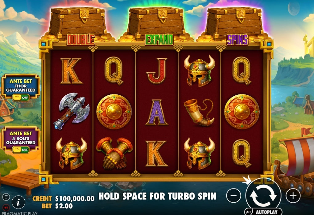 Hammerstorm slot base game interface showing 5x3 grid, Thor symbol, and modifier chests.