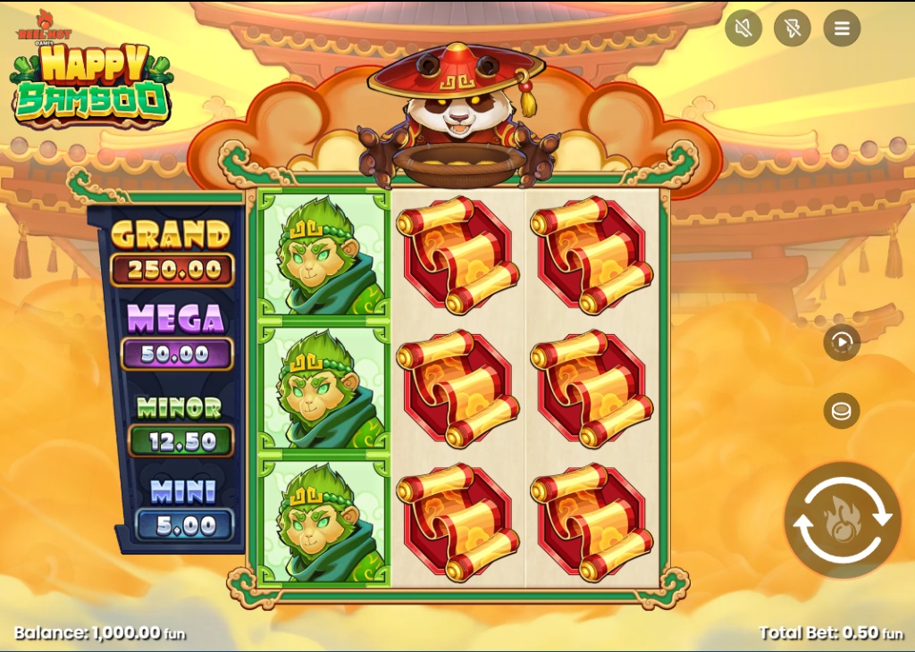 Happy Bamboo slot base game 5x6 grid with green bamboo mystery stacks and panda symbols.