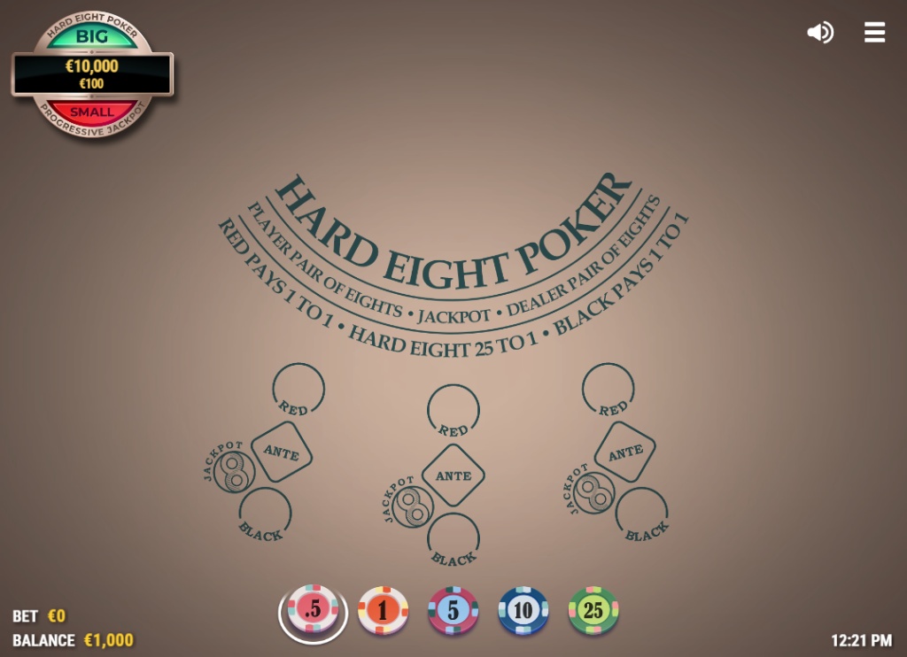 The main game table of Hard Eight Poker, showing the Ante, Red, and Black betting spots.