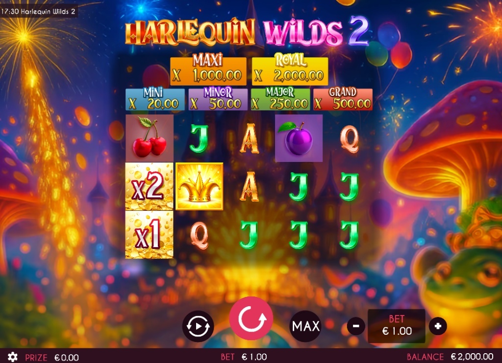 Harlequin Wilds 2 slot base game interface featuring a 5x4 grid with neon mushrooms and castle background.