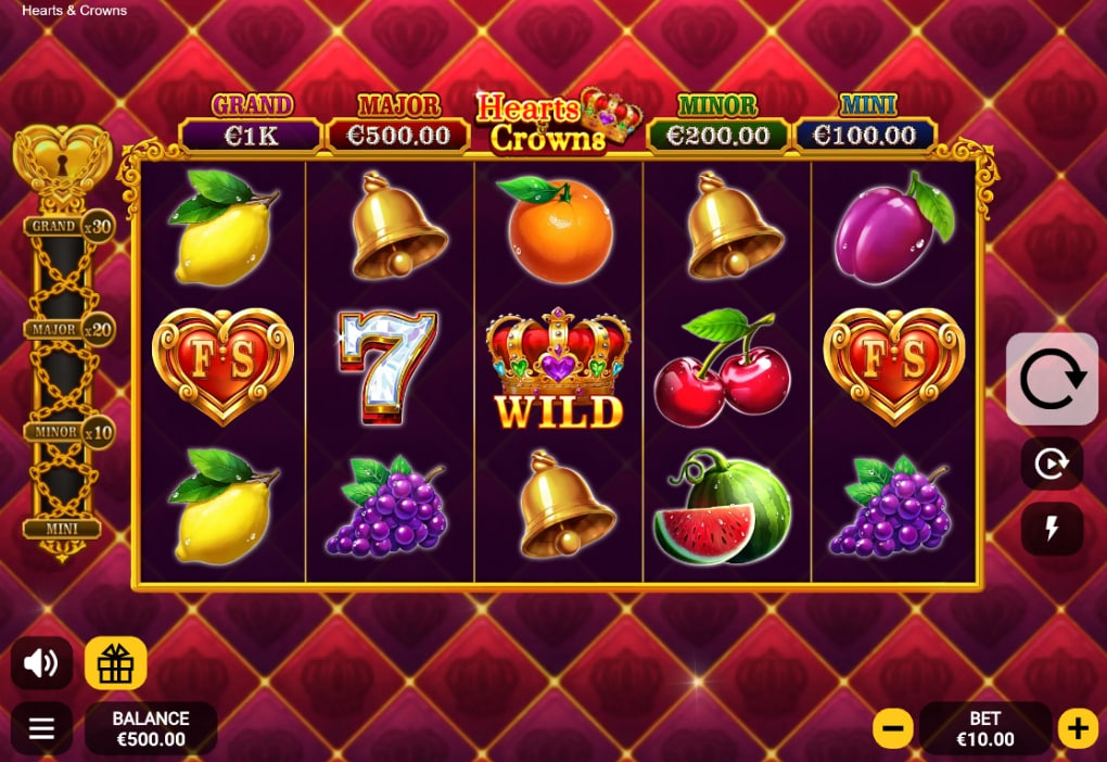 Hearts & Crowns slot base game interface showing 5x3 grid with fruit symbols and control panel.