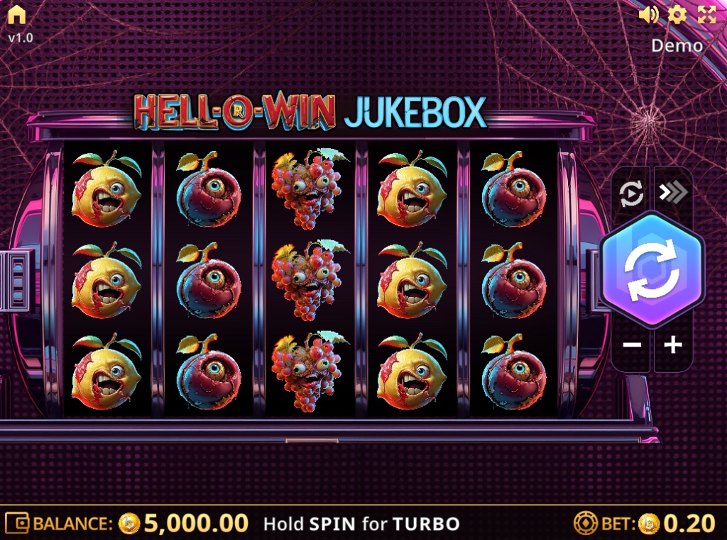 Base game view of Hell-o-Win Jukebox slot, showing the 5x3 reel layout and spooky fruit symbols.