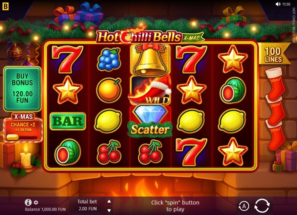 Hot Chilli Bells 100 slot base game interface showing 5x4 grid with fruit symbols, red 7s, and 100 paylines layout by BGaming.