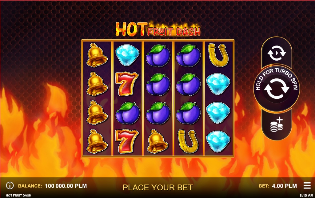 Hot Fruit Dash base game screenshot showing the 5x4 reel layout and fire theme.