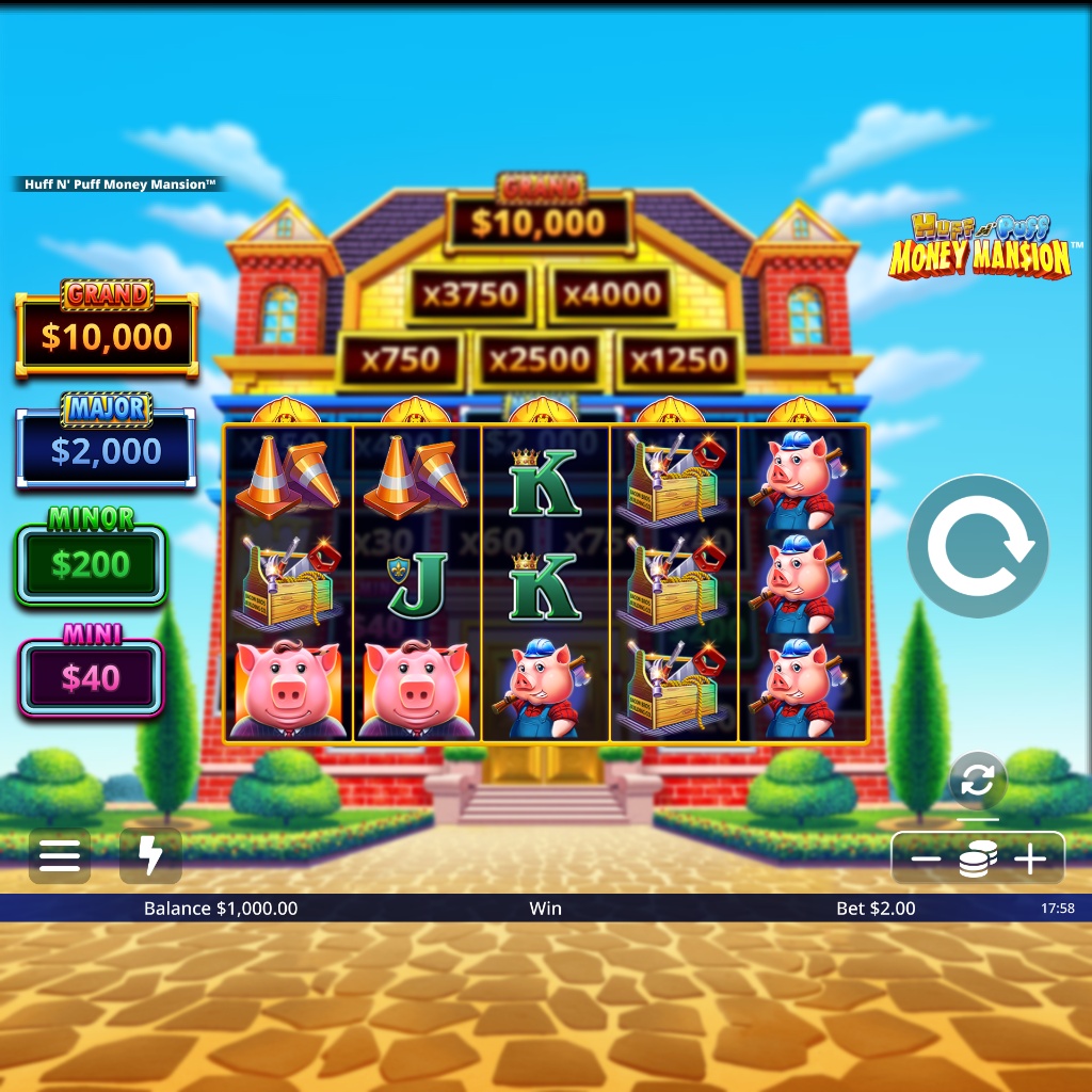 Base game view of Huff N' Puff Money Mansion slot showing 5x3 reel grid and pig symbols.