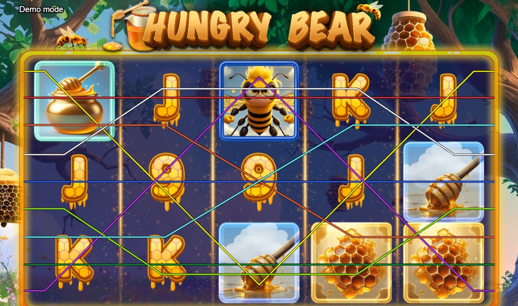 Hungry Bear slot machine base game interface showing 5x3 grid and forest background.