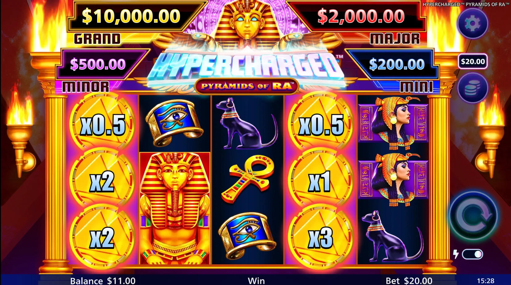 Six golden pyramid symbols glowing on the grid right before transitioning into multiplier coins to start the bonus round