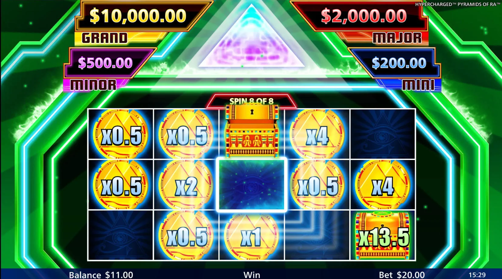 Chest symbol locked in the center reel position during the Hold and Spin feature collecting nearby coin multipliers