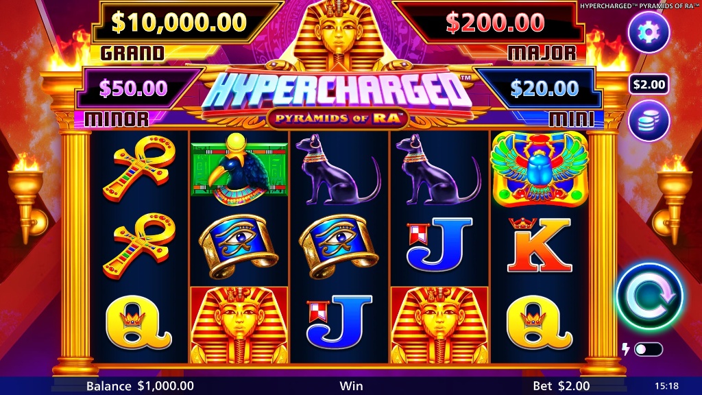 Hypercharged Pyramids of Ra slot base game interface showing 5x3 reels and Egyptian symbols.