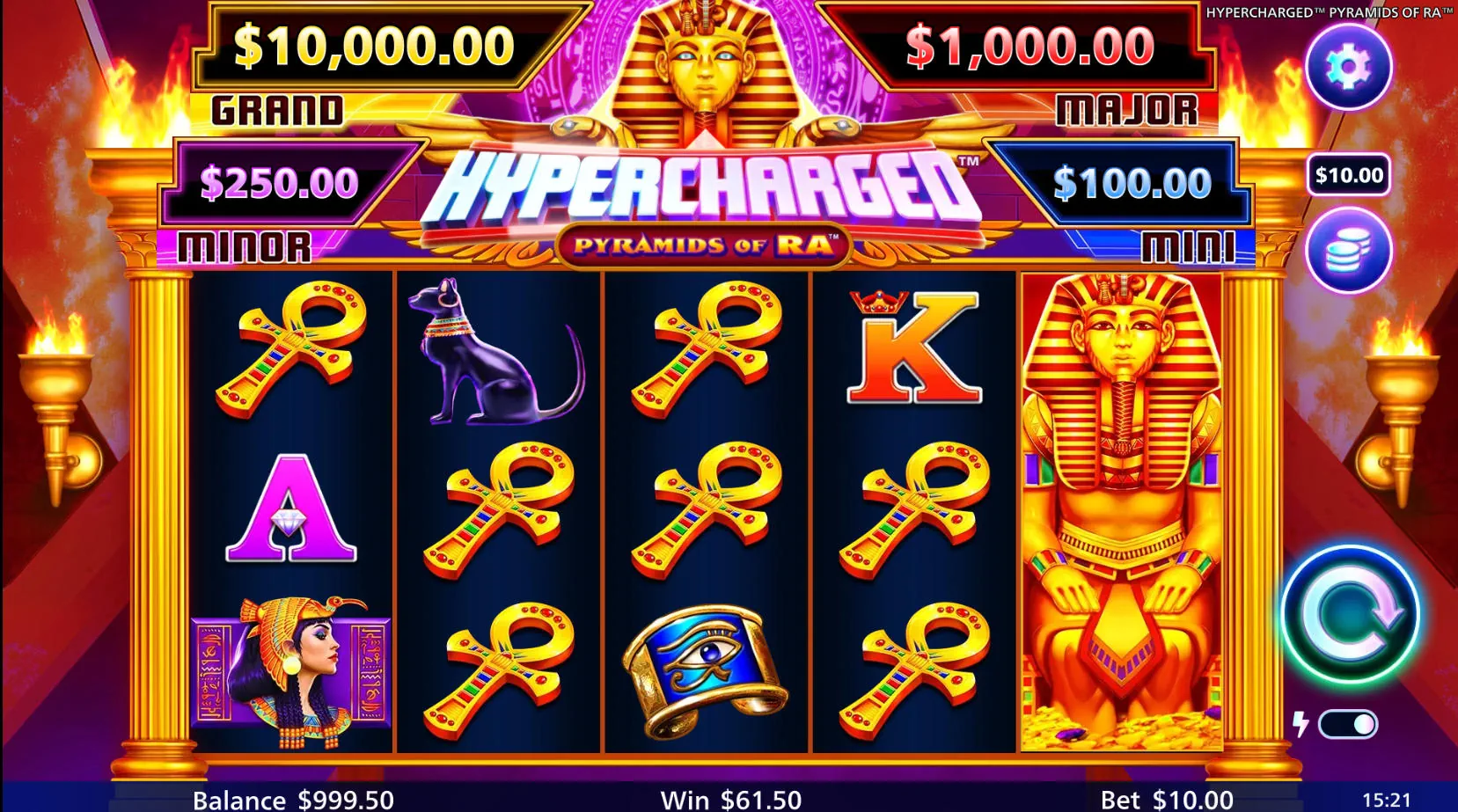 Pharaoh Wild symbol expanded across the center reels during base game play to connect winning paylines