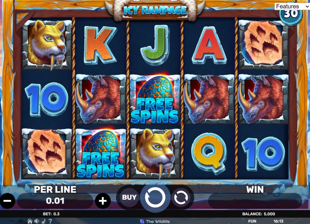 The 5x3 reel layout of the Icy Rampage slot base game, showing prehistoric animal symbols on a snowy background.
