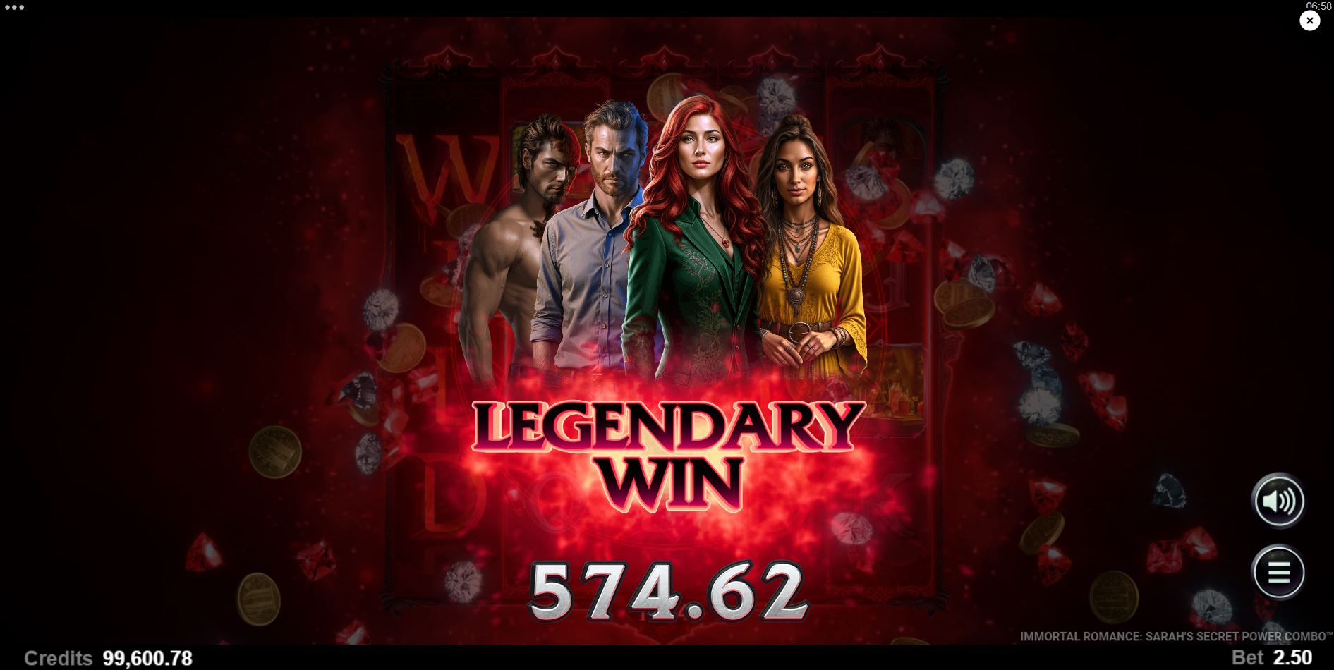 A big win screen celebrating a large payout on the Immortal Romance: Sarah's Secret slot.