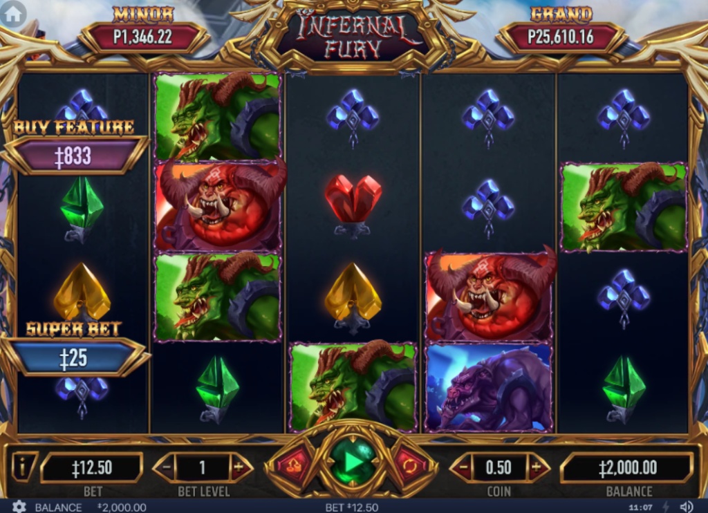 Infernal Fury slot base game 5x3 grid showing demons and card suit symbols.