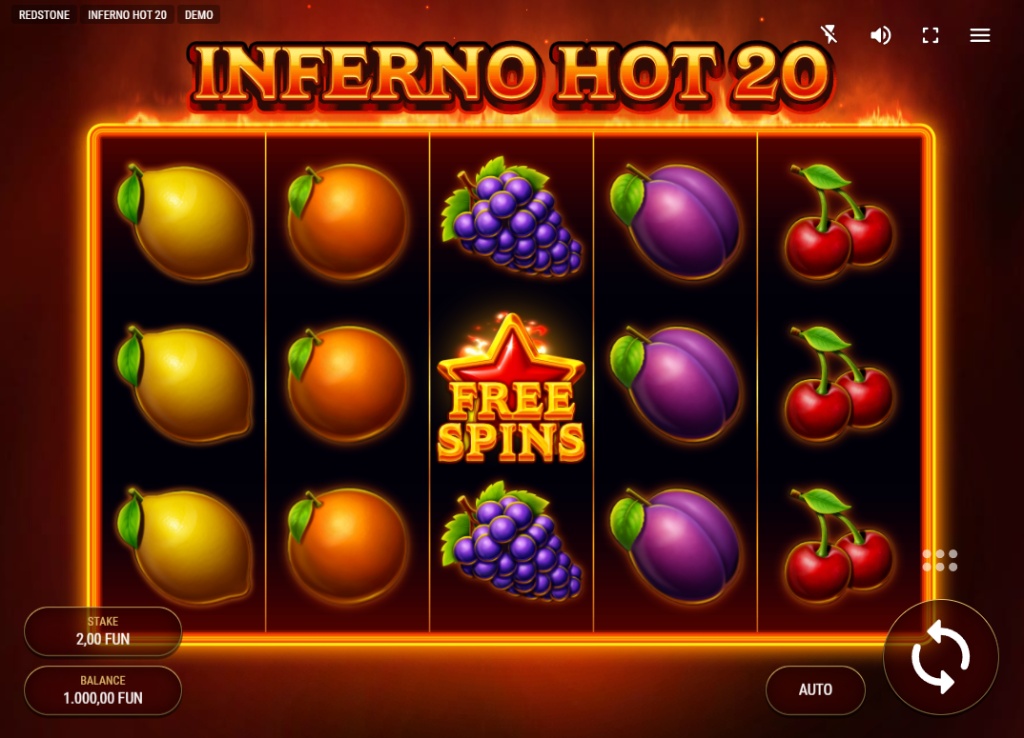 The 5x3 reel layout of the Inferno Hot 20 slot demo, showing various fruit symbols and the game interface.