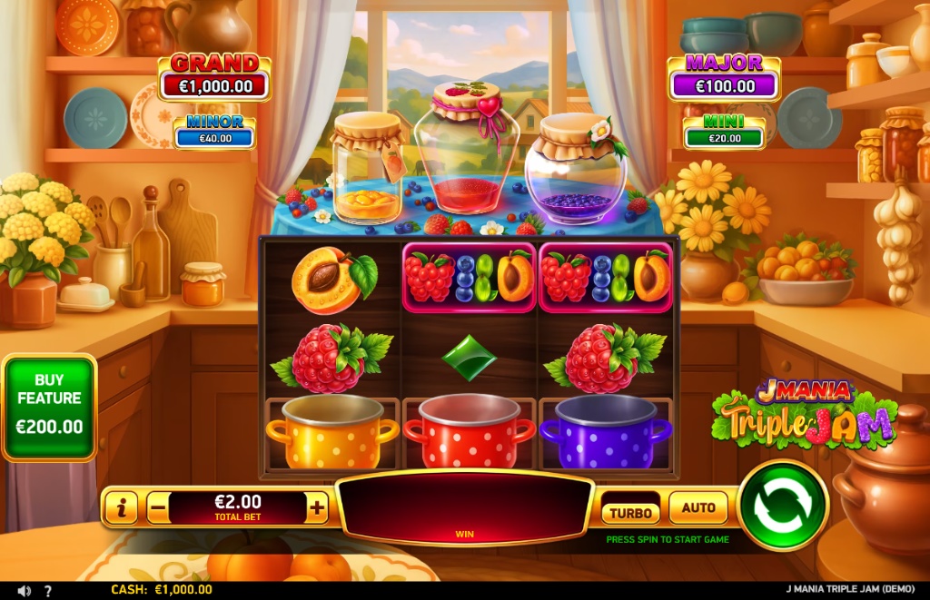J Mania Triple Jam 3x3 slot grid showing the main game layout and kitchen theme.