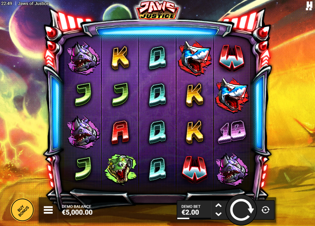 Jaws of Justice slot base game interface showing 5x4 grid and mech-shark symbols on a sci-fi background.