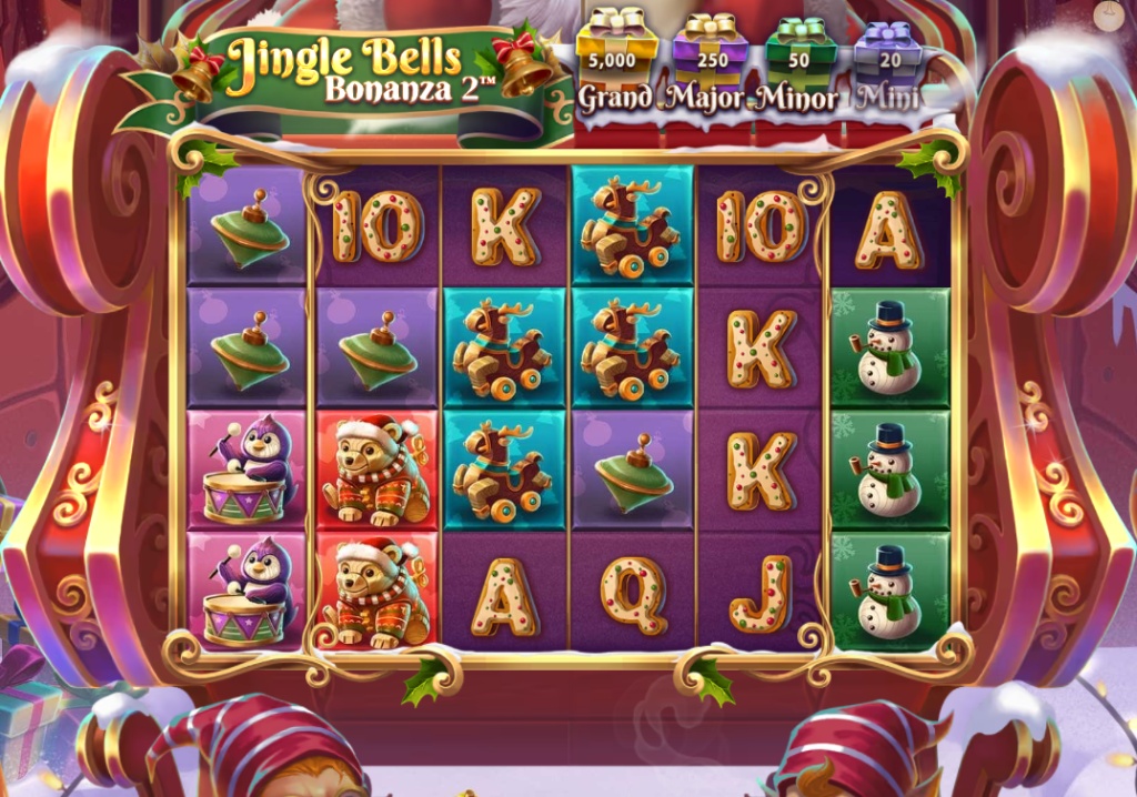 The 6-reel base game grid of Jingle Bells Bonanza 2 slot, showing the toy-themed symbols and festive design.