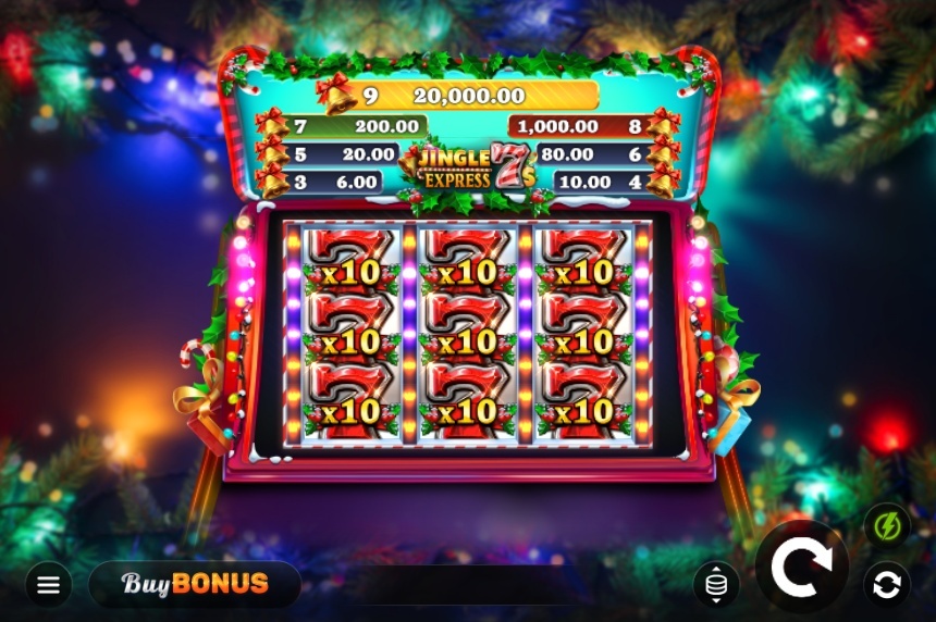 A screenshot of the Jingle Express 7s slot base game, showing the 3x3 reel grid and the 7-tier Cashpot prizes displayed above.