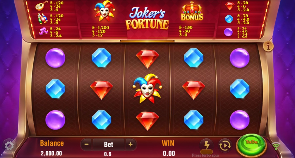 Joker's Fortune slot base game interface showing 5x3 grid with gems and joker symbols on a purple background.