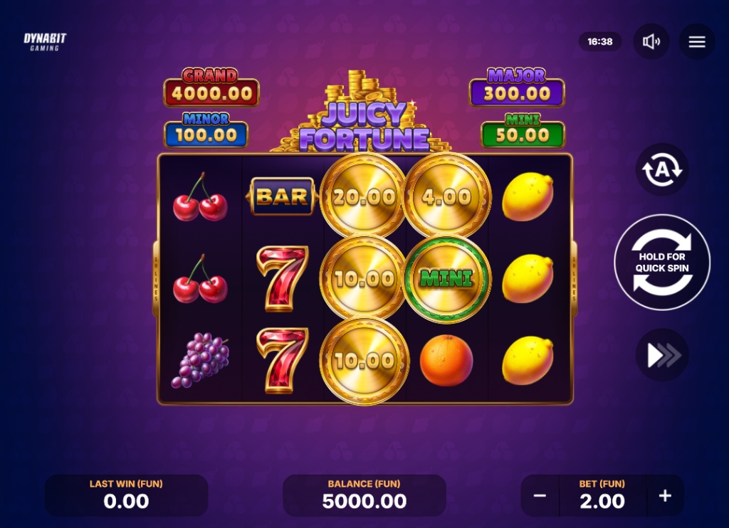 Juicy Fortune slot base game grid, showing fruit symbols and jackpot meters.