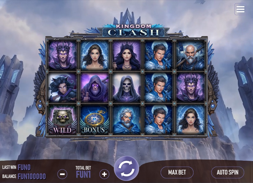 Kingdom Clash slot demo base game view showing the 5x3 reel grid and fantasy character symbols.