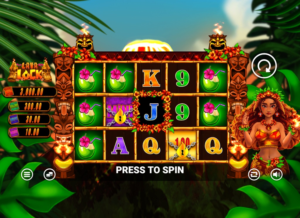 Lava Lock slot base game interface showing 5x3 grid with tiki totem borders and volcanic background.