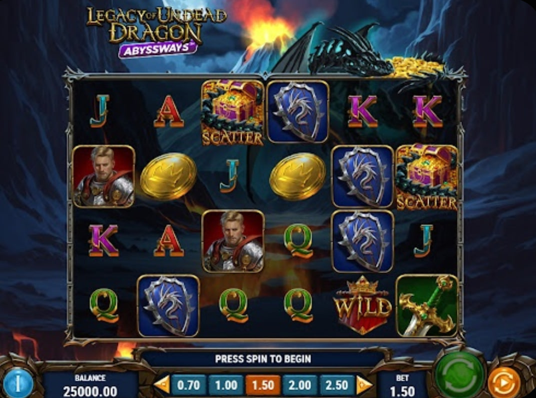 The 6x4 base game grid of Legacy of Undead Dragon slot, showing the knight and shield symbols.