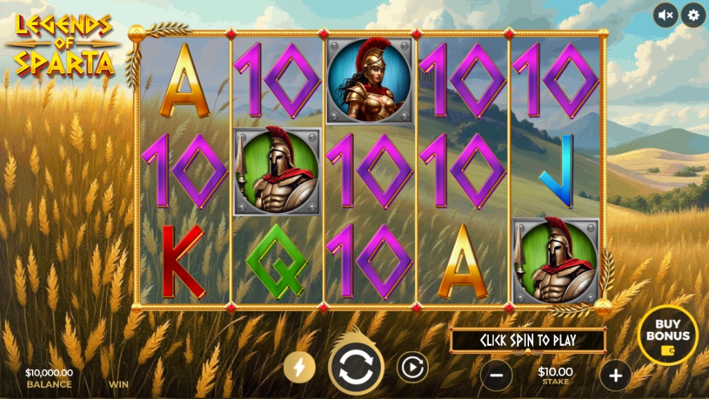 Legends of Sparta slot base game screen with 5x3 reels set in a wheat field.