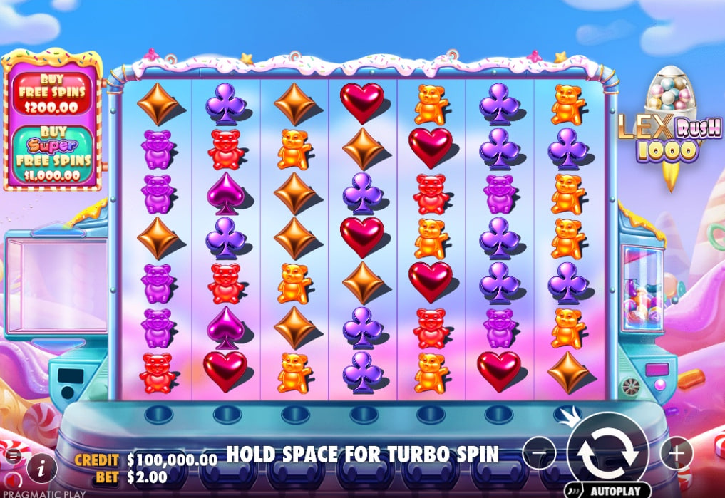 Lex Rush 1000 slot base game interface showing 7x7 grid with gummy bear symbols and candy shapes.