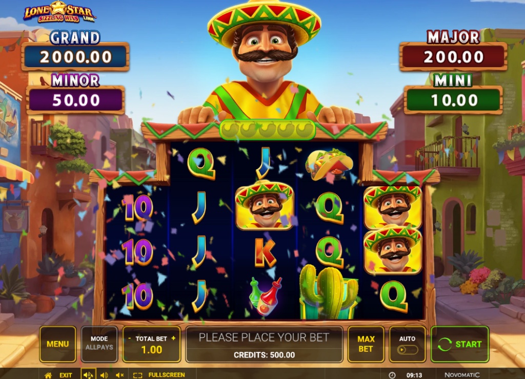 Lone Star Link Sizzling Wins slot base game grid with Mariachi and Tequila symbols.