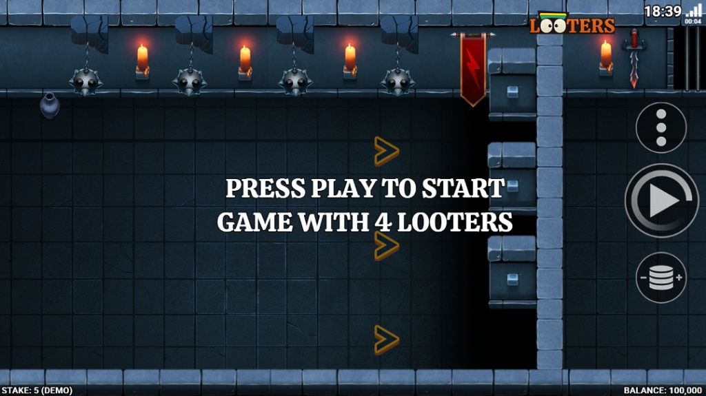 The main game screen of the Looters slot demo, showing the entrance to the dungeon and the "Play" button.